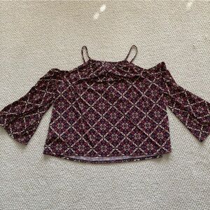 Laundry Cold Shoulder Geometric Boho Blouse Size Medium Dark Red White Sleeve